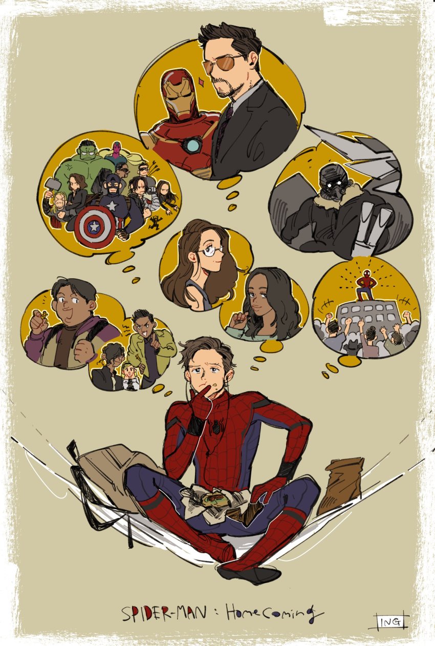 absurdres avengers_(series) backpack bag black_widow black_widow_(marvel) brown_hair captain_america clint_barton eating facial_hair flash_thompson food hawkeye_(marvel) highres hulk iron_man bucky_barnes male_focus marvel marvel_cinematic_universe may_parker michelle_jones multiple_boys multiple_girls natasha_romanoff ned_(mcu) peter_parker robert_downey_jr. sam_wilson shield silk spider-man spider-man:_homecoming spider-man_(series) spider_web steve_rogers superhero_costume tagme the_falcon thor_(marvel) tom_holland tony_stark vision_(marvel) vulture_(marvel) winter_soldier