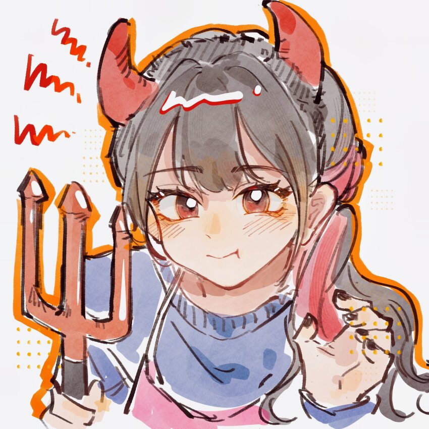 1girl black_hair blue_sweater chinese_commentary claw_pose closed_mouth commentary_request demon_horns hands_up highres holding holding_polearm holding_weapon horns long_hair long_sleeves looking_at_viewer moben multicolored_hair polearm real_life red_eyes red_hair solo sweater two-tone_hair upper_body voice_actor weapon yabushima_akane