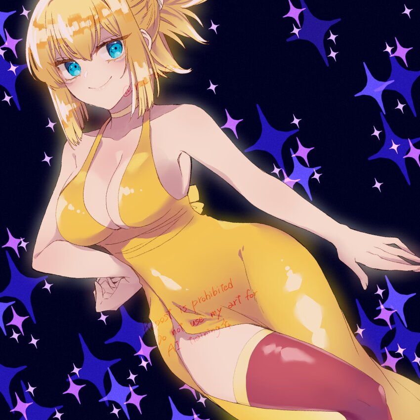 1girl absurdres bare_shoulders black_background blonde_hair blue_eyes breasts choker cleavage commentary_request cowboy_shot dr._stone dress dutch_angle folded_ponytail highres kohaku_(dr._stone) large_breasts looking_at_viewer ponytail ritsu_(r_litsuca) shiny_clothes sidelocks smile solo star_(symbol) thighhighs watermark yellow_choker yellow_dress