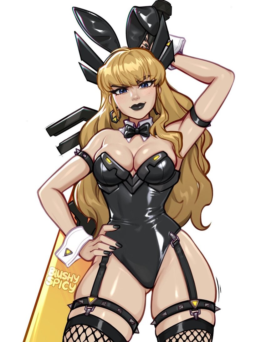 1girl animal_ears black_leotard blonde_hair blue_eyes blushyspicy breasts cleavage detached_collar highres holding holding_weapon huge_weapon leotard long_hair looking_at_viewer magik_(x-men) marvel marvel_rivals playboy_bunny rabbit_ears solo strapless strapless_leotard sword weapon wrist_cuffs x-men