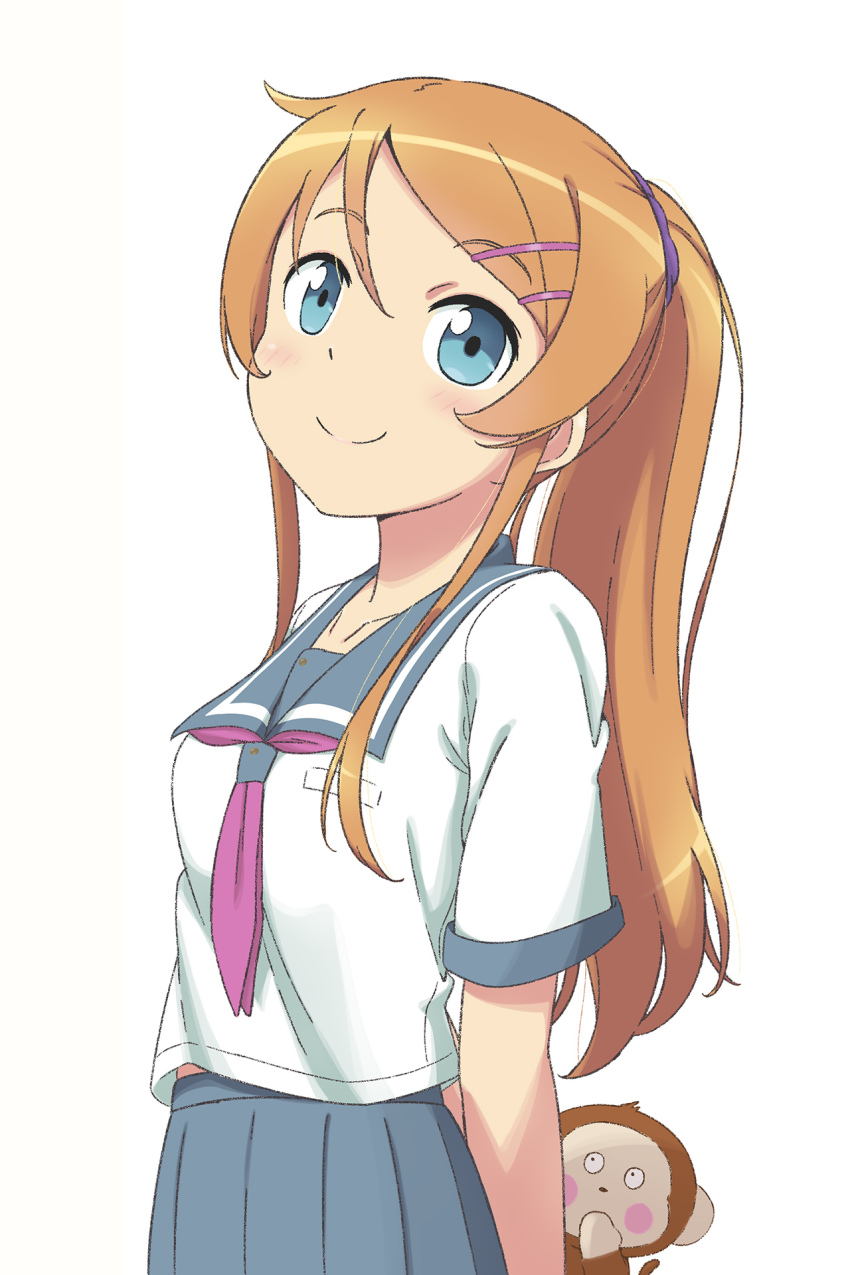 1girl alternate_hairstyle arms_behind_back blue_eyes closed_mouth commentary grey_sailor_collar grey_skirt hair_ornament hairclip highres holding holding_stuffed_toy kousaka_kirino kousaka_kirino&#039;s_school_uniform long_hair looking_at_viewer neckerchief orange_hair ore_no_imouto_ga_konna_ni_kawaii_wake_ga_nai pleated_skirt ponytail purple_neckerchief sailor_collar scarletsky school_uniform shirt short_sleeves sidelocks skirt smile solo stuffed_monkey stuffed_toy upper_body white_background white_shirt