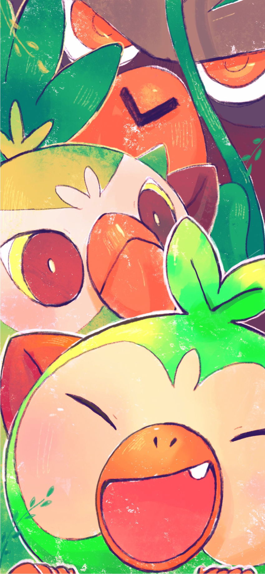 absurdres animal_focus bekobako bright_pupils brown_eyes close-up closed_eyes closed_mouth commentary_request evolutionary_line fang gen_8_pokemon grookey highres leaf nintendo no_humans open_mouth orange_eyes orange_pupils outline pokemon pokemon_(creature) pokemon_focus rillaboom smile thwackey white_outline white_pupils