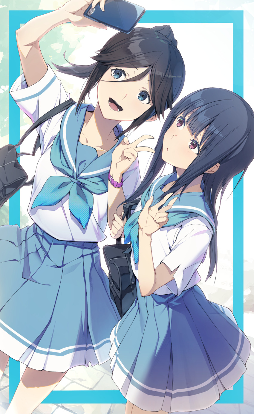 2girls 3s_(tarariko) black_hair blue_eyes blue_neckerchief blue_skirt commentary_request hibike!_euphonium highres kasaki_nozomi kitauji_high_school_uniform liz_to_aoi_tori multiple_girls neckerchief school_uniform selfie shirt short_sleeves skirt smile v white_background white_shirt yoroizuka_mizore