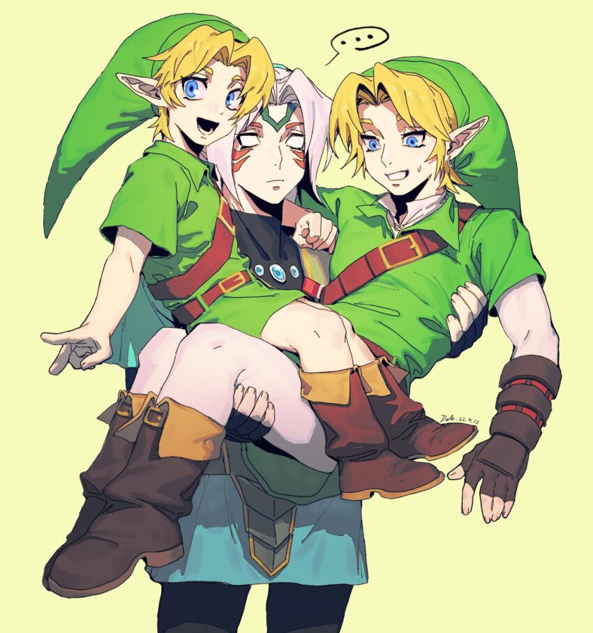 ... 3boys blonde_hair blue_eyes carrying dele14375735 facepaint facial_tattoo fierce_deity fireman&#039;s_carry green_tunic highres leather_belt link multiple_boys nintendo no_pupils phrygian_cap pointy_ears spoken_ellipsis tattoo the_legend_of_zelda the_legend_of_zelda:_majora&#039;s_mask the_legend_of_zelda:_ocarina_of_time tunic white_hair young_link