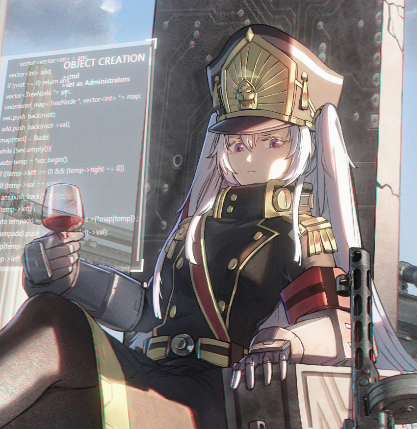 1girl alcohol altair_(re:creators) belt black_thighhighs blue_sky buttons chinese_commentary circuit_board_print clothing_request coat commentary_request crossed_legs cup drinking_glass eyelashes gauntlets gold_trim gun hair_between_eyes hat highres holographic_interface long_hair looking_at_viewer looking_down military_uniform pillar ppsh-41 re:creators red_eyes red_wine shako_cap sitting sitting_on_throne sky solo submachine_gun thighhighs throne user_jsru8742 very_long_hair weapon white_hair wine wine_glass