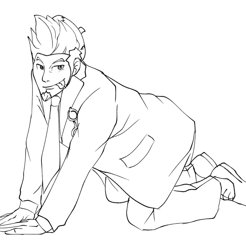 1boy ace_attorney all_fours brown_hair facial_hair formal_clothes goatee highres larry_butz male_focus monochrome non-web_source solo spiked_hair suit tongue tongue_out