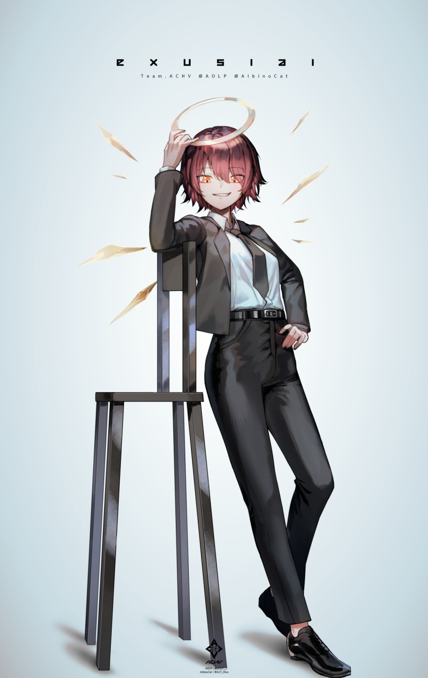 1girl a0lp alternate_costume arknights black_footwear black_jacket black_necktie black_pants character_name detached_wings exusiai_(arknights) formal_clothes full_body halo hand_on_own_hip highres jacket long_sleeves looking_at_viewer necktie open_clothes open_jacket orange_eyes pants red_hair shirt shirt_tucked_in short_hair simple_background smile solo suit white_background white_shirt wings
