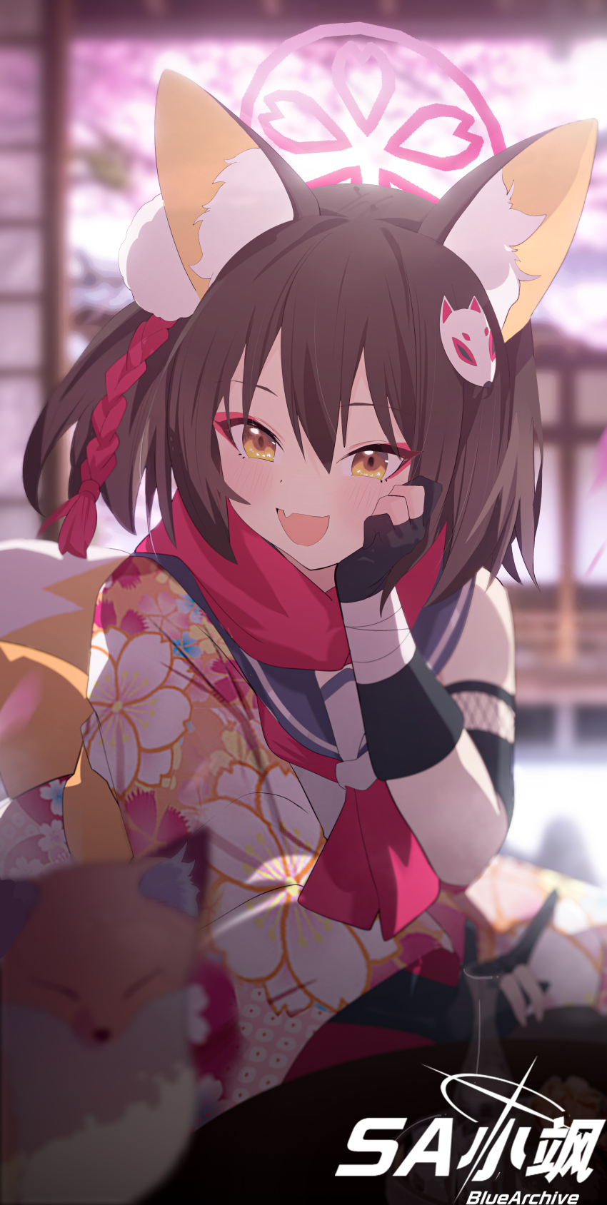 1girl absurdres animal_ear_fluff ascot black_gloves blue_archive blue_sailor_collar blush brown_hair fang floral_print floral_print_kimono fox fox_girl fox_mask fox_shadow_puppet fox_tail gloves hair_between_eyes hair_ornament hand_on_own_cheek hand_on_own_face hayate_(1034853996) head_rest highres izuna_(blue_archive) japanese_clothes kimono long_hair looking_at_animal makeup mask one_side_up open_mouth partially_fingerless_gloves pink_ascot pink_kimono pink_scarf pom_pom_(clothes) pom_pom_hair_ornament print_kimono sailor_collar scarf shirt short_hair sidelocks single_bare_shoulder sleeveless sleeveless_shirt solo tail white_shirt yellow_eyes