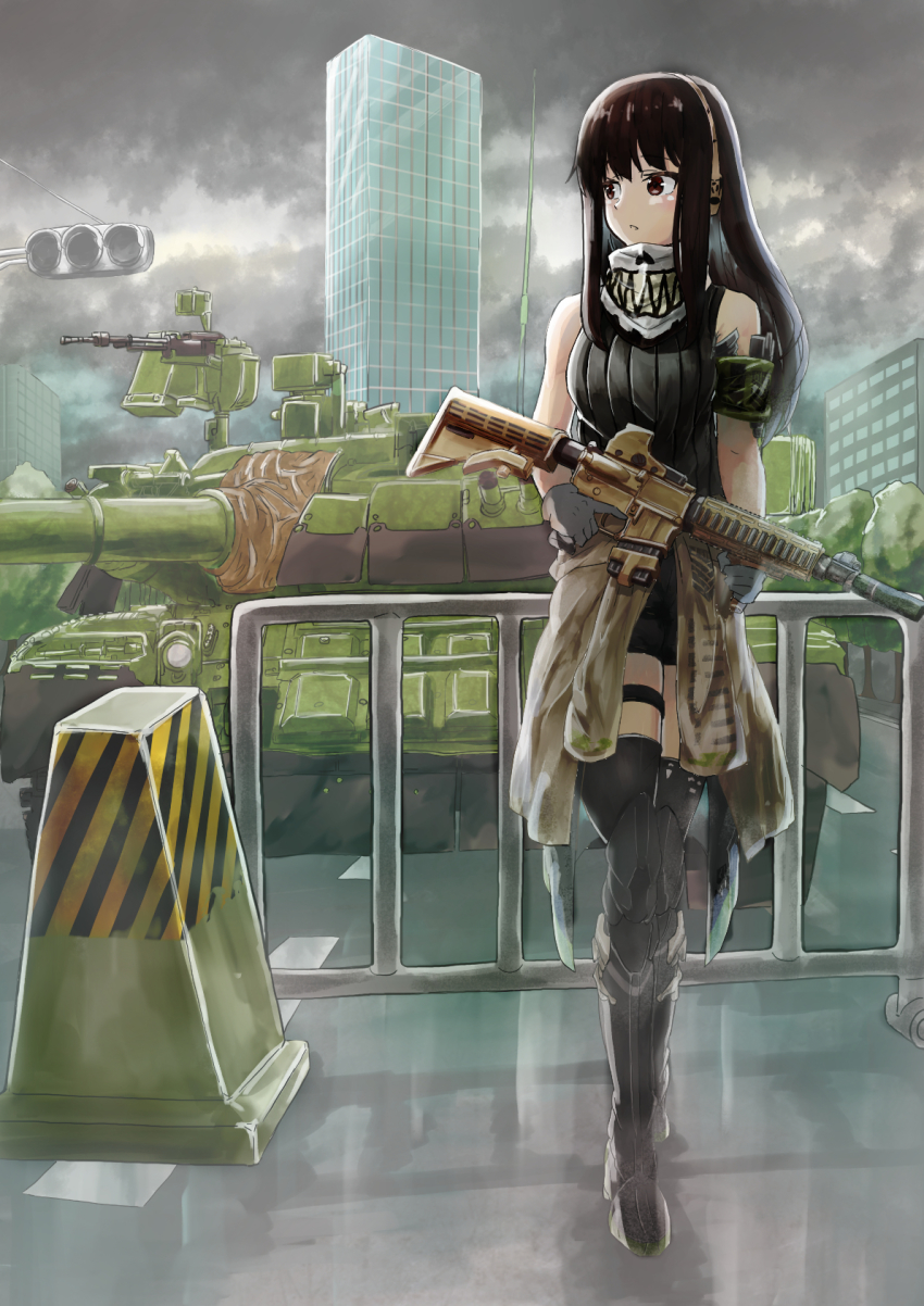 1girl armband assault_rifle black_eyes black_hair breasts building clothes_around_waist cloud cloudy_sky commentary_request dshk full_body garter_straps girls&#039;_frontline green_hair gun hanabusaraleigh heavy_machine_gun highres holding holding_gun holding_weapon jacket jacket_around_waist long_hair looking_to_the_side m4_carbine m4a1_(girls&#039;_frontline) machine_gun military military_vehicle motor_vehicle outdoors rifle scarf scenery single_garter_strap sky solo t-80 tank thighhighs traffic_light weapon