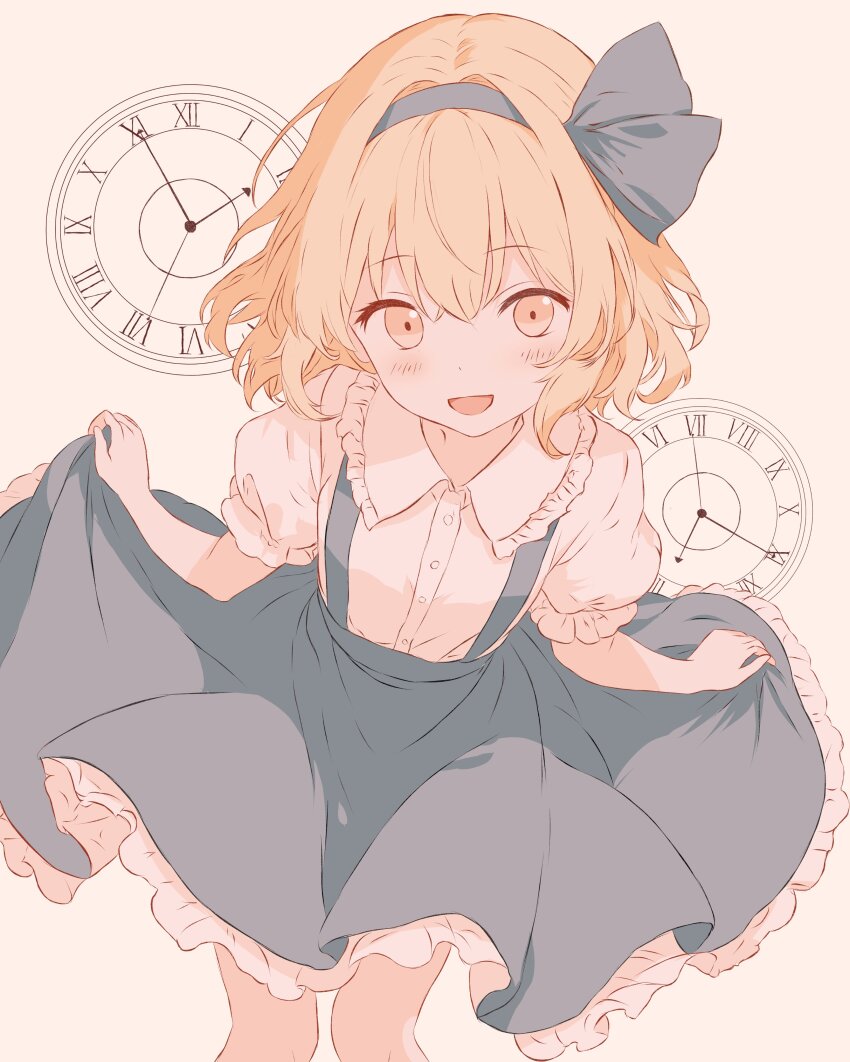 1girl absurdres alice_margatroid alice_margatroid_(pc-98) analog_clock blonde_hair blue_dress blue_hairband clock curtsey dress hairband highres iris-san looking_at_viewer roman_numeral shirt short_hair short_sleeves smile solo touhou touhou_(pc-98) white_shirt