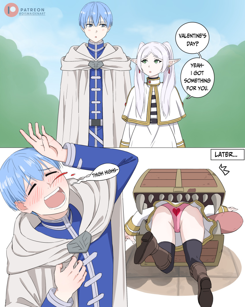 1boy 1girl absurdres artist_name black_thighhighs blood blue_eyes blue_hair blue_sky blush capelet cloud commentary day dismaiden earrings elf english_commentary english_text floating_earring frieren frieren_stuck_in_a_mimic_(meme) green_eyes grey_hair heart heart_print highres himmel_(sousou_no_frieren) jewelry meme mimic mimic_chest monster nose_blush nosebleed outdoors panties patreon_logo patreon_username pink_panties pointy_ears robe sharp_teeth shirt skirt sky sousou_no_frieren speech_bubble striped_clothes striped_shirt stuck teeth thighhighs treasure_chest twintails underwear upskirt white_capelet white_robe white_skirt