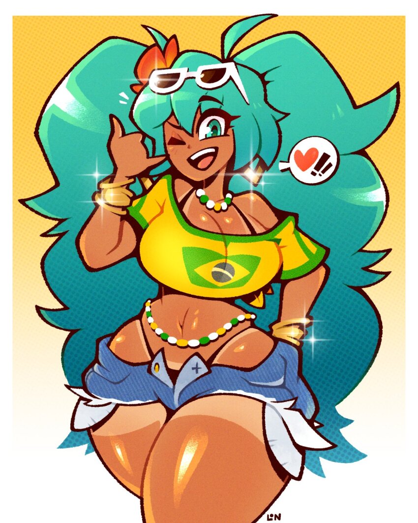 1girl aqua_hair bikini brazilian_flag brazilian_flag_print brazilian_miku breasts dark-skinned_female dark_skin earrings eyewear_on_head flag_print flower hair_flower hair_ornament hatsune_miku highres jewelry legendofnerd long_hair shirt shorts solo sunglasses swimsuit tan tanline twintails vocaloid yellow_shirt