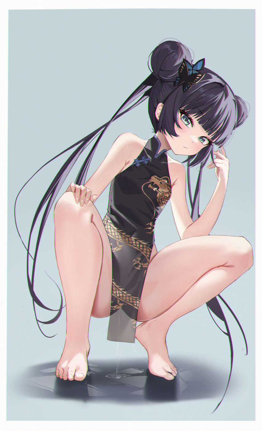 1girl absurdres akipopopopoon aqua_eyes ass bare_shoulders black_hair blue_archive breasts butterfly_hair_ornament china_dress chinese_clothes double_bun dragon_print dress feet hair_bun hair_ornament highres kisaki_(blue_archive) long_hair pussy_juice pussy_juice_puddle pussy_juice_trail small_breasts solo spread_legs squatting very_long_hair
