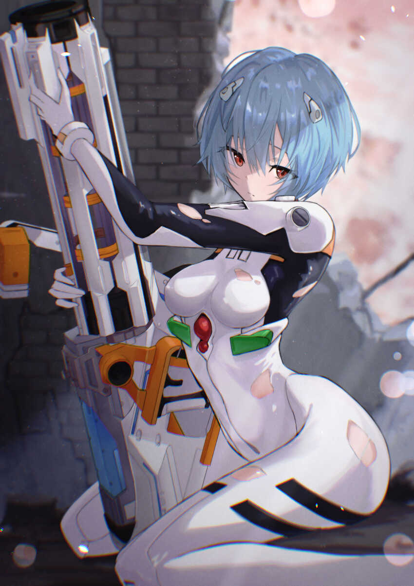 1girl absurdres asaba_(asaba_6771) ayanami_rei between_legs blue_hair bodysuit breasts closed_mouth crossover goddess_of_victory:_nikke bad_tag gun hairpods highres holding holding_gun holding_weapon mecha_pilot_suit medium_breasts neon_genesis_evangelion orange_eyes plugsuit_(evangelion) short_hair solo torn_bodysuit torn_clothes weapon white_bodysuit