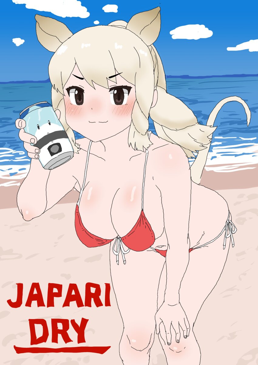 1girl :3 absurdres alternate_costume animal_ears bare_shoulders beach beer_can bikini blue_sky blush braid brown_eyes can collarbone drink_can english_text hair_between_eyes highres kemono_friends kumasyan1998 long_hair lucky_beast_(kemono_friends) ocean red_bikini rhinoceros_ears sidelocks sky spaghetti_strap swimsuit white_hair white_rhinoceros_(kemono_friends)
