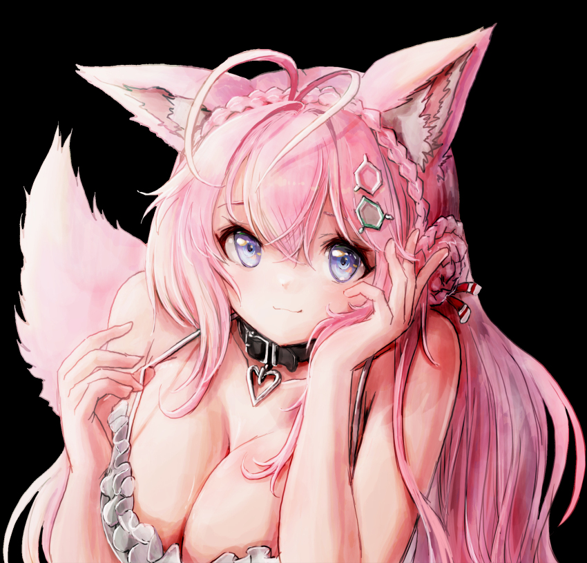1girl animal_ears antenna_hair bare_shoulders belt belt_collar bikini black_background black_belt black_choker black_collar blush braid braided_bun breasts choker cleavage closed_mouth collar collarbone frilled_bikini frills hair_between_eyes hair_bun hair_ornament hair_ribbon hakui_koyori hakui_koyori_(summer) hand_on_own_face heart_collar highres hololive large_breasts long_hair looking_at_viewer nymph_rhythm pink_hair pink_tail pulling_own_clothes purple_eyes red_ribbon ribbon simple_background smile solo strap_pull swimsuit tail virtual_youtuber white_bikini wolf_ears wolf_girl wolf_tail