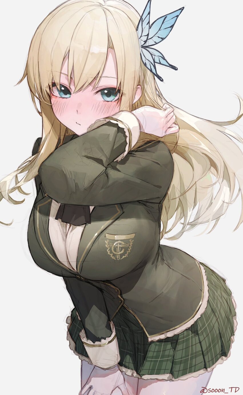 1girl ascot blonde_hair blue_eyes blush boku_wa_tomodachi_ga_sukunai breasts butterfly_hair_ornament closed_mouth collared_shirt crossed_arms dress_shirt green_jacket hair_ornament highres jacket kashiwazaki_sena large_breasts long_hair long_sleeves looking_at_viewer miniskirt plaid_clothes plaid_skirt ponytail school_uniform shirt simple_background sitting skirt solo sooon st._chronica_academy_school_uniform thighs v-shaped_eyebrows white_shirt