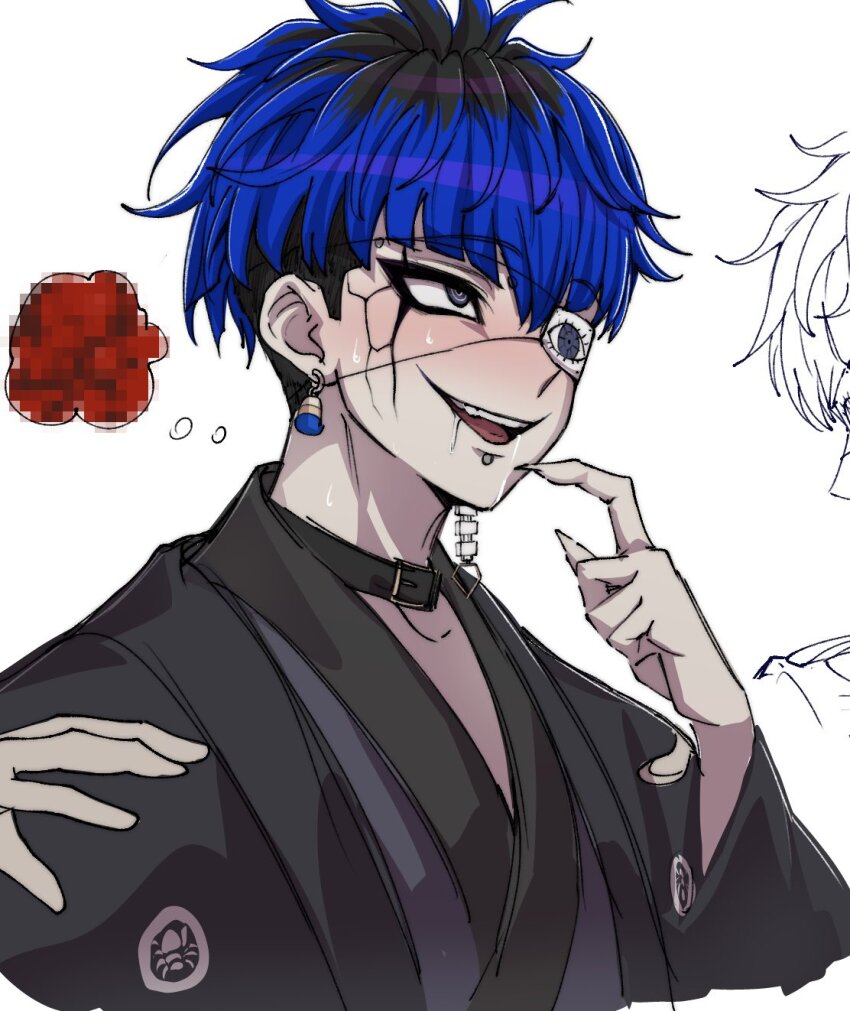 1boy animal_print black_choker black_hair blue_hair blush censored chamuchai chin_piercing choker cracked_skin drooling earrings eye_print eyepatch face_piercing fingernails grey_eyes highres japanese_clothes jewelry male_focus mosaic_censoring multicolored_hair omokage_yugamu piercing print_eyepatch saliva sharp_fingernails short_hair simple_background sketch smile solo speech_bubble spider_print sweat the_hundred_line_-last_defense_academy- thought_bubble tongue upper_body white_background