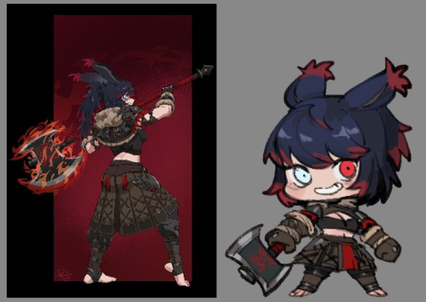 1girl animal_ears armor axe battle_axe black_background black_hair blue_eyes chibi commentary commission difman english_commentary engraved evil_smile feet fiery_background fighting_stance fire flaming_weapon from_side fur_trim gloves heterochromia leather leather_armor leather_gloves long_hair looking_at_viewer looking_back median_furrow midriff multicolored_hair multiple_views nail_polish original rabbit_ears red_background red_eyes red_hair red_streaks reference_inset signature smile stirrup_legwear streaked_hair tiptoes toeless_legwear toenail_polish toenails toes two-tone_background two-tone_hair viera vjkta_vesttur_(berserker_bun) weapon
