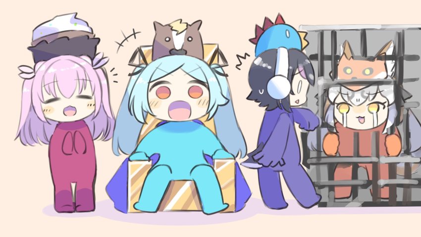 .live animal_ear_fluff animal_ears empty17033658 gloves highres himekuma_ribon humboldt_penguin_(kemono_friends) island_fox_(kemono_friends) kemono_friends kemono_friends_v_project necktie re:act shirt simple_background skirt tail virtual_youtuber yamato_iori
