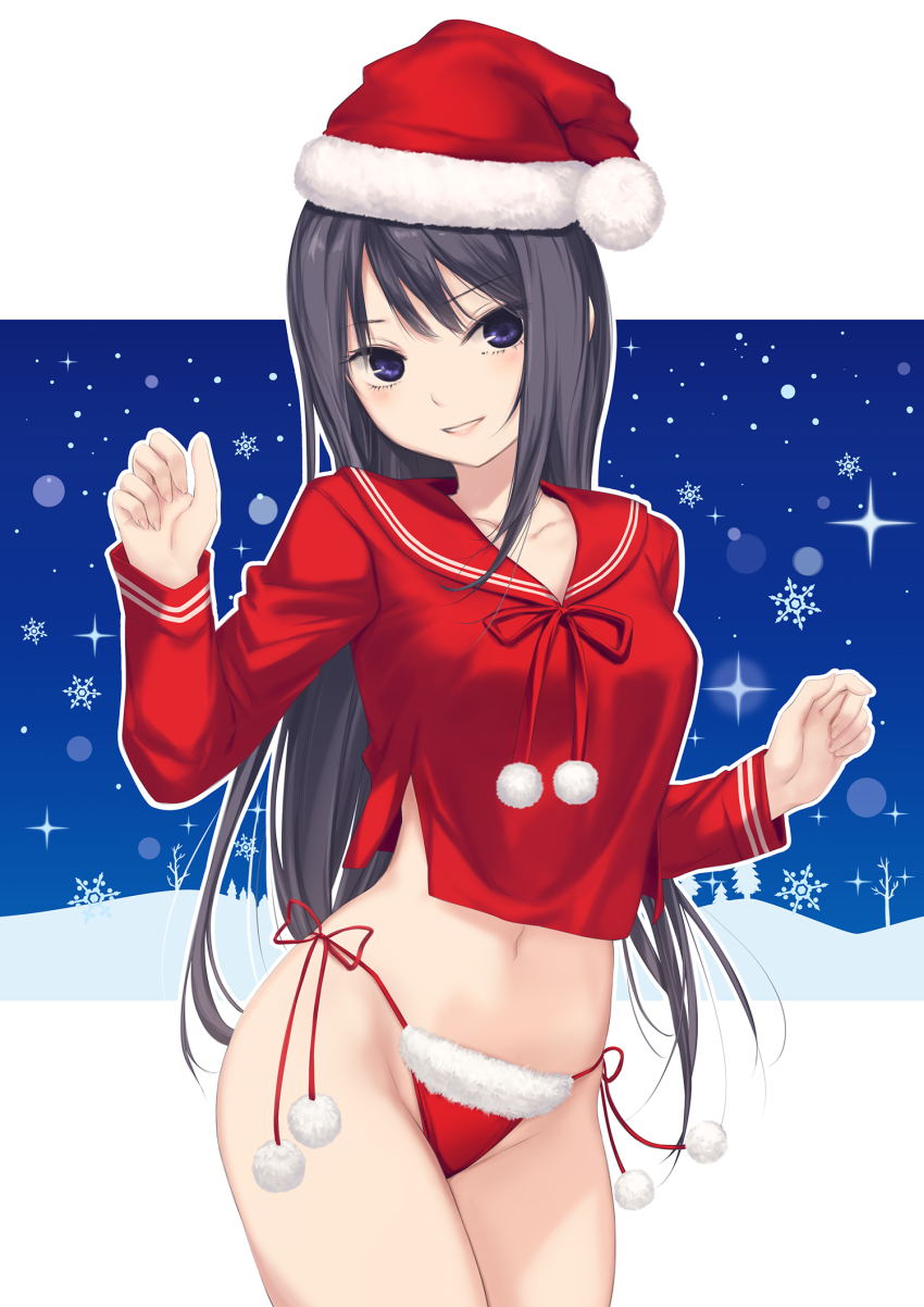 1girl black_hair blue_background blue_eyes coffee-kizoku cowboy_shot fur-trimmed_headwear fur-trimmed_panties fur_trim hat highres long_hair long_sleeves looking_at_viewer navel original panties red_hat red_panties red_sailor_collar red_shirt sailor_collar sailor_shirt shiramine_rika shirt side-tie_panties snowflakes solo underwear w_arms