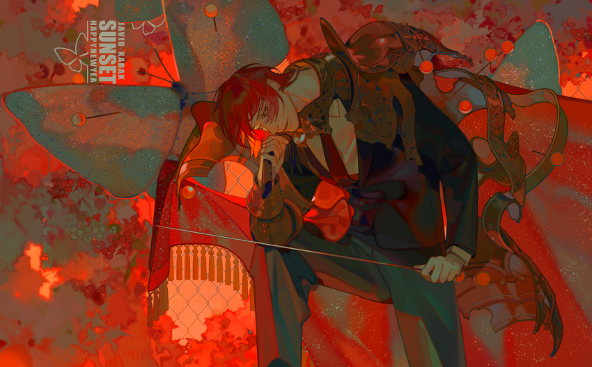 1boy absurdres bug butterfly chain-link_fence feet_out_of_frame fence happy_new_year highres holding holding_pointer insect knee_up long_sleeves looking_at_viewer male_focus necktie new_year original pointer red_background red_hair red_necktie short_hair smile solo xiaoquandianer
