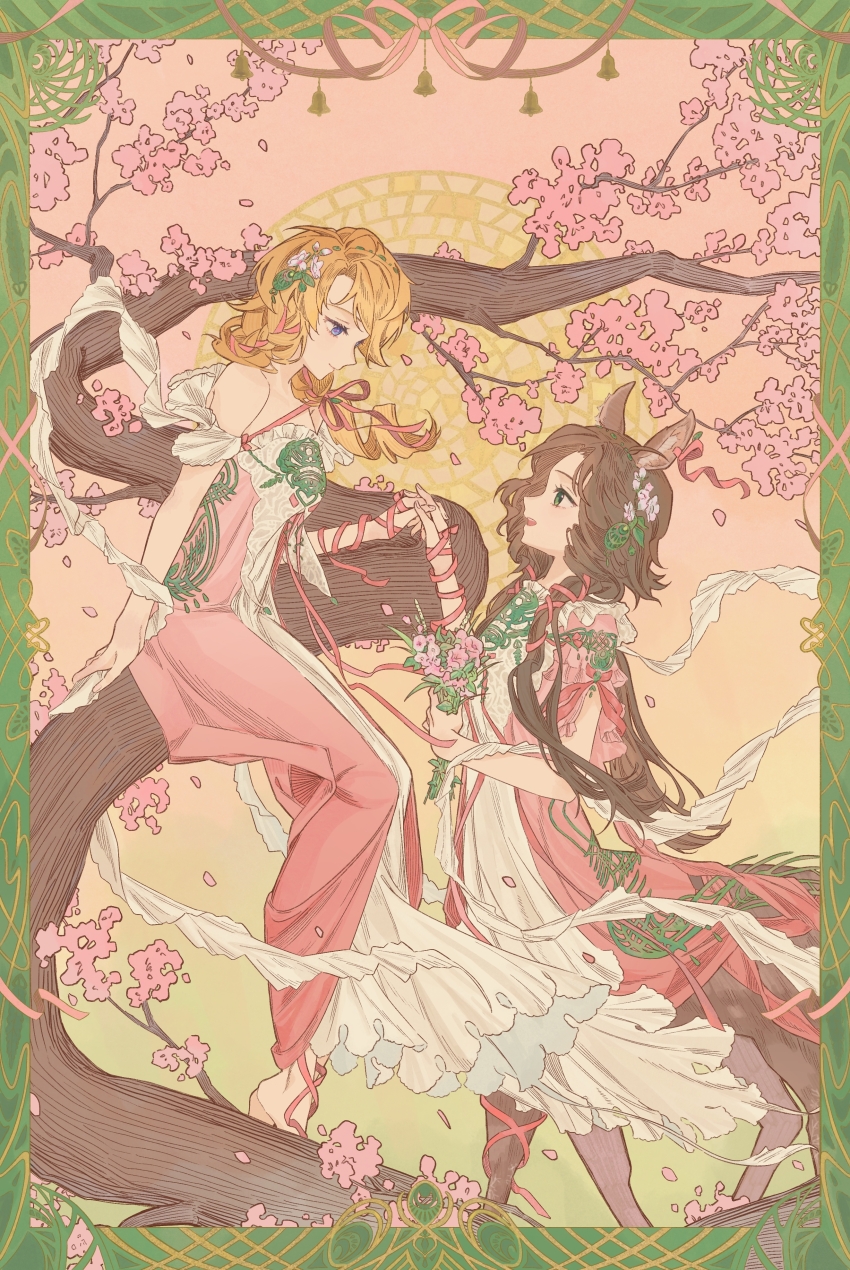 absurdres alternate_costume animal_ears arm_ribbon bare_shoulders barefoot bell blonde_hair blonney border bouquet brown_hair centauroid closed_mouth deer_ears deer_girl dress eye_contact face-to-face feet_out_of_frame flower from_side green_border green_eyes hair_flower hair_ornament hair_ribbon highres holding holding_bouquet holding_hands jessica_(reverse:1999) jessica_(the_sound_of_paradise)_(reverse:1999) long_hair looking_at_another looking_down off-shoulder_dress off_shoulder official_alternate_costume on_branch open_mouth ornate_border pink_background pink_dress pink_flower pink_ribbon profile purple_eyes reverse:1999 ribbon rokilly short_sleeves sitting sitting_on_branch taur tree