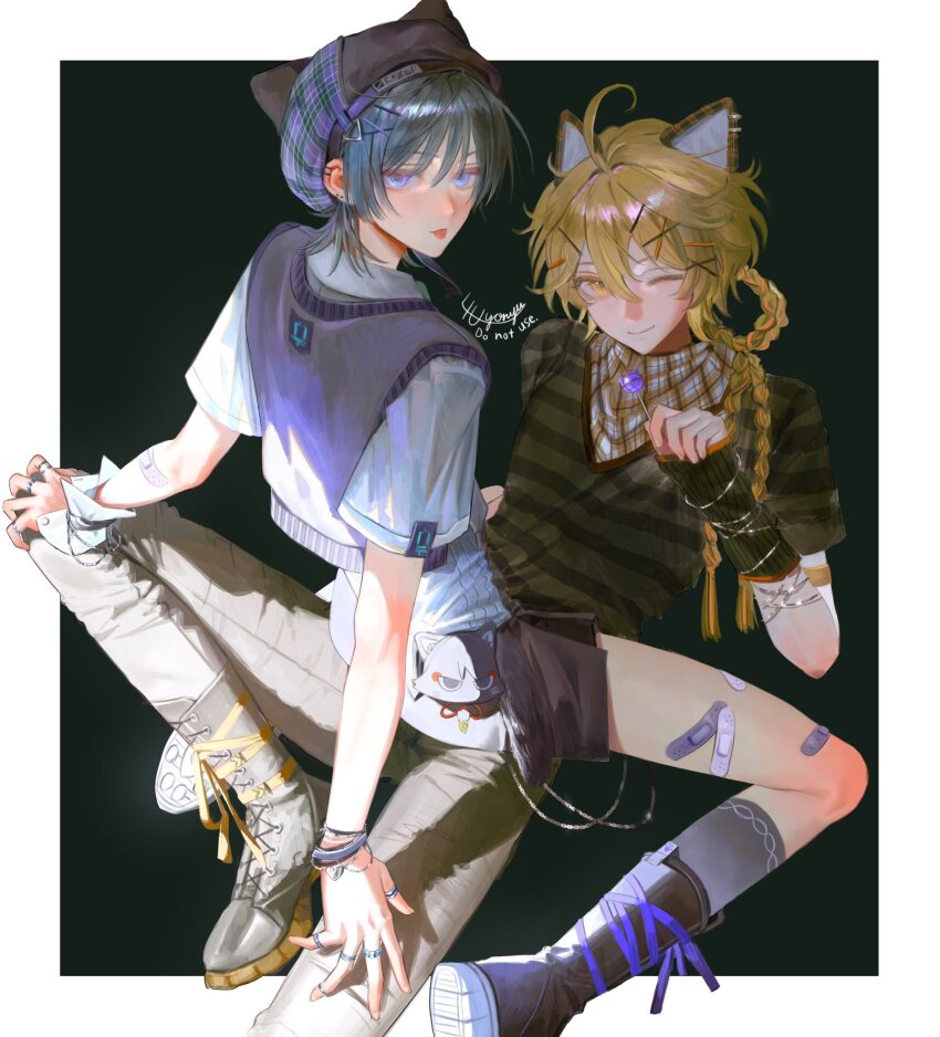 2boys 4the2ofus aether_(genshin_impact) ahoge alternate_costume alternate_hairstyle animal_ears arm_warmers artist_name back bandaid bandaid_on_leg black_boots black_hair black_hat black_shirt black_shorts black_socks boots border bracelet braid candy cat_ears chupa_chups closed_mouth earclip earrings eyeshadow fake_animal_ears fingernails food from_behind genshin_impact green_background grey_pants hair_ornament hairpin half-closed_eyes hand_up hat hat_with_ears heart_ornament highres holding jewelry lollipop long_hair looking_at_viewer looking_back low-braided_long_hair low-tied_long_hair lying makeup male_focus multiple_boys multiple_rings on_back one_eye_closed orange_shirt outside_border pants plaid_clothes plaid_hat plaid_shirt purple_eyes purple_hat purple_sweater_vest red_eyeshadow ring scaramouche_(cat)_(genshin_impact) scaramouche_(genshin_impact) shirt short_hair short_sleeves shorts simple_background single_wrist_cuff sitting sitting_on_person smile socks striped_clothes striped_shirt sweater_vest t-shirt tongue tongue_out two-tone_hat white_border white_shirt wrist_cuffs x_hair_ornament yellow_eyes
