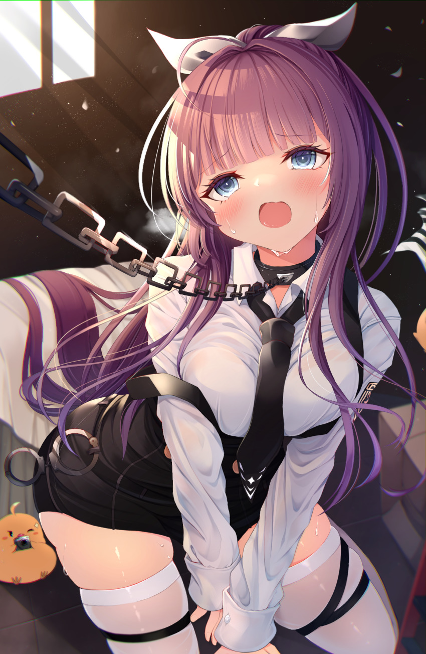 1girl alternate_breast_size azur_lane bdsm black_neckwear black_shorts blue_eyes blush bound breasts camera chain collar cuffs hair_ribbon hair_spread_out high-waist_shorts highres large_breasts leash long_hair looking_at_viewer manjuu_(azur_lane) necktie open_mouth ponytail purple_hair ribbon shiira_(nya_rl) shirt short_shorts shorts slave suspender_shorts suspenders sweatdrop tashkent_(azur_lane) tashkent_(the_bound_cruiser)_(azur_lane) thighhighs thighs white_shirt white_thighhighs window