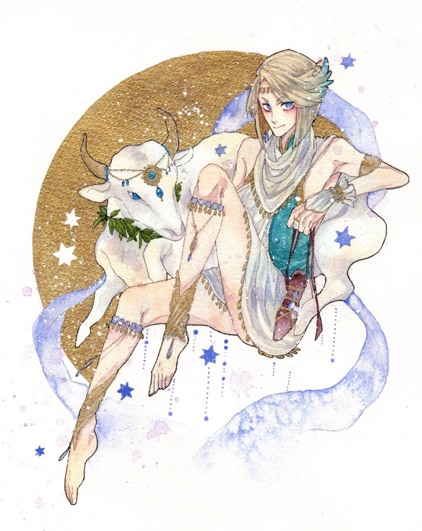 1boy absurdres anklet aqua_tunic armlet barefoot blonde_hair blue_eyes bob_cut bridal_gauntlets bull circlet full_body greek_commentary greek_mythology hagoromo head_chain head_wings hermes_(mythology) highres holding holding_shoes holding_unworn_clothes inverted_bob invisible_chair jewelry knee_up looking_at_viewer male_focus mandarin_collar medium_hair mixed-language_commentary outside_border painting_(medium) round_image scarf shawl shio_(soleil) shoes sitting sleeveless solo star_(symbol) swept_bangs toga traditional_media tunic unworn_shoes watercolor_(medium) white_background white_scarf wings