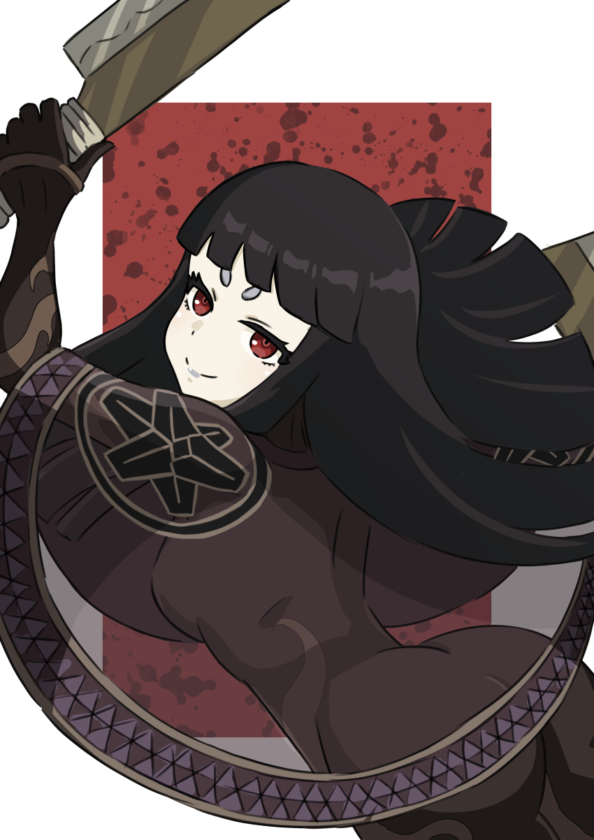 1girl absurdres ass black_dress black_hair blunt_bangs blunt_ends border cianter closed_mouth commentary dress english_commentary highres holding holding_weapon long_hair outside_border red_eyes red_pupils shin_megami_tensei shin_megami_tensei_iv_final short_eyebrows smile thick_eyebrows toki_(megami_tensei) weapon white_border