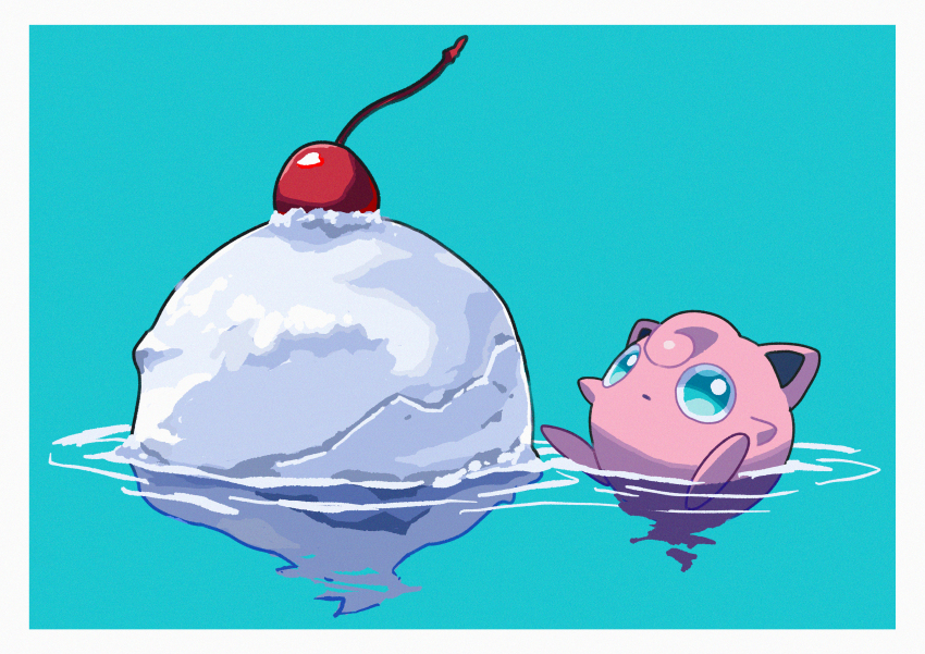 absurdres afloat border bright_pupils cherry closed_mouth food fruit gen_1_pokemon green_background green_eyes highres ice jigglypuff looking_at_viewer nintendo pokemon ripples saiku_(zvlku) water white_border white_pupils