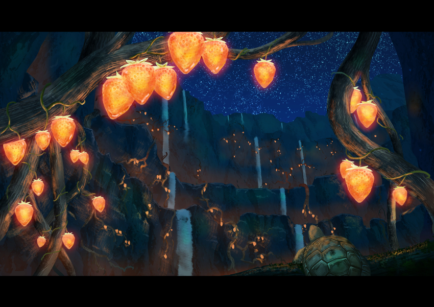 absurdres animal animal_focus branch food fruit highres night no_humans original outdoors scenery sky star_(sky) starry_sky strawberry sumassha_t_t tortoise turtle water waterfall
