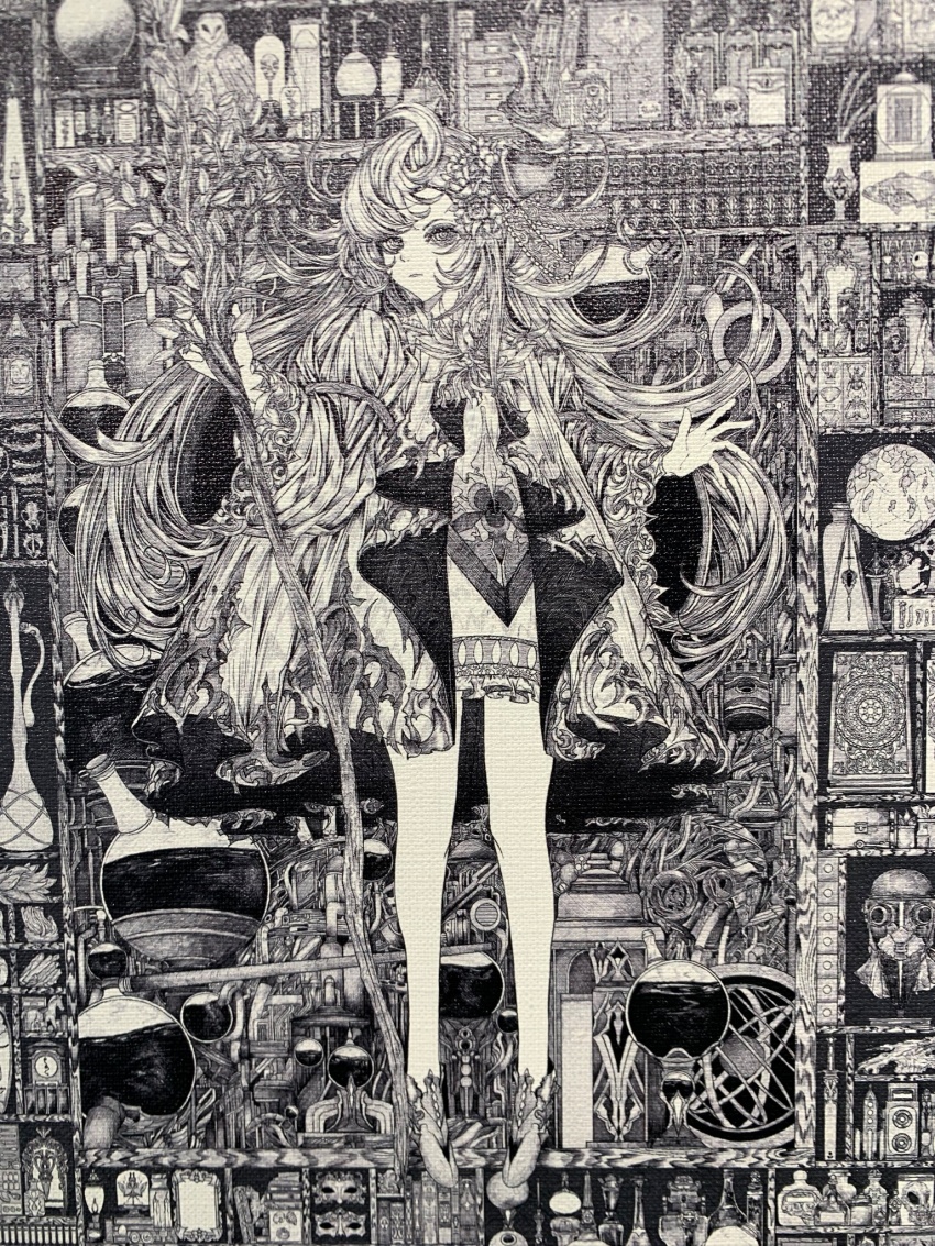 1girl bird book bottle closed_mouth dress flower fluffy_hair greyscale hair_between_eyes hair_flower hair_ornament highres holding holding_staff ika_ruga jacket long_hair looking_at_viewer monochrome original owl sidelocks staff vial white_dress white_footwear white_jacket wide_sleeves