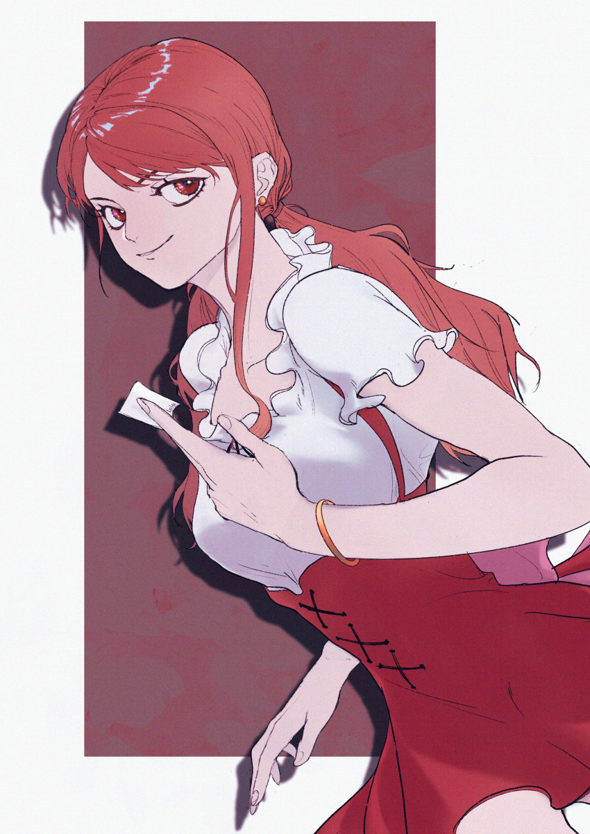 1girl absurdres back_ribbon bangle bracelet breasts closed_mouth collarbone commentary cowboy_shot dirndl dress earrings frilled_shirt_collar frilled_sleeves frills german_clothes highres holding holding_paper jewelry long_hair looking_at_viewer low_twintails mygiorni nami_(one_piece) nami_(one_piece)_(whole_cake_island) official_alternate_costume official_alternate_hairstyle one_piece orange_eyes orange_hair paper pearl_earrings pink_ribbon red_dress red_skirt ribbon shirt short_sleeves single_sidelock skirt smile solo twintails white_shirt
