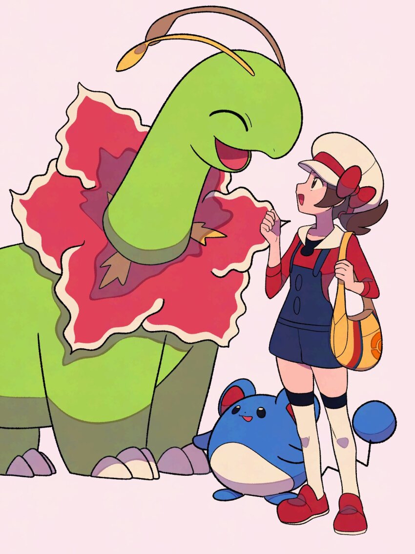 1girl :d bag blue_overalls bow brown_eyes brown_hair gen_2_pokemon hat hat_bow highres looking_at_another lyra_(pokemon) marill meganium newsboy_cap nintendo open_mouth overalls pokemon pokemon_(creature) pokemon_hgss red_bow red_shirt red_shoes shirt shoes short_hair shoulder_bag smile standing three-quarter_sleeves twintails tyako_089 white_hat yellow_bag