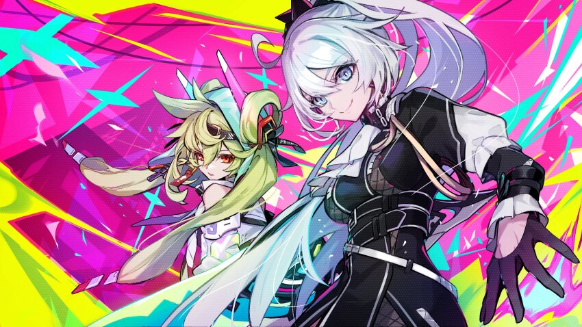 2girls ahoge ai-chan_(honkai_impact) ai_hyperion_lambda ai_hyperion_lambda_(chrono_navi) ascot black_gloves black_shirt blue_eyes breasts closed_mouth cosplay crown galo_thymos galo_thymos_(cosplay) gloves green_hair hair_between_eyes high_ponytail highres honkai_(series) honkai_impact_3rd kiana_kaslana kiana_kaslana_(herrscher_of_flamescion) lio_fotia lio_fotia_(cosplay) long_hair medium_breasts multiple_girls official_alternate_costume open_hand pokimari ponytail promare shirt smile twintails upper_body white_ascot white_shirt