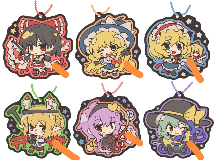 6+girls alice_margatroid animal bad_id bad_twitter_id black-framed_eyewear black_cat black_hairband black_headband black_headwear black_skirt blonde_hair blue_capelet blue_dress blue_eyes bow candle capelet cat character_charm charm_(object) chibi closed_mouth dress expressionless frilled_bow frilled_hair_tubes frilled_hairband frilled_skirt frilled_sleeves frills full_body gohei green_eyes green_hair green_skirt grey_headwear hair_between_eyes hair_bow hair_ornament hair_tubes hairband hakurei_reimu hashihime hat hat_bow headband heart heart_hair_ornament holding holding_animal holding_cat holding_knife holding_mallet holding_polearm holding_weapon kaenbyou_rin kaenbyou_rin_(cat) kaiten_gunshuu_no_kage kirisame_marisa knife komeiji_koishi komeiji_satori lance long_hair looking_at_viewer mallet medium_hair mini-hakkero mizuhashi_parsee multiple_girls nail_(hardware) one_eye_closed open_mouth parted_lips pink_hair pink_skirt pointy_ears polearm railing red_bow red_eyes red_hairband red_skirt shanghai_doll shirt short_hair simple_background skirt smile star_(symbol) third_eye touhou weapon white_background white_sleeves witch_hat yellow_bow yellow_eyes yellow_shirt