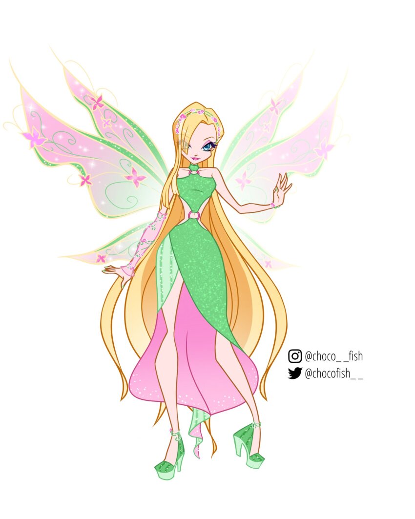 1girl absurdly_long_hair alternate_costume arm_warmers asymmetrical_dress bad_id bad_twitter_id bare_shoulders believix blonde_hair blue_eyes bracelet chocofish closed_mouth collarbone commentary cornelia_hale dress eyelashes eyes_visible_through_hair eyeshadow fairy fairy_wings floral_print flower full_body glitter gradient_wings green_dress green_hairband green_nails green_shoes green_wings hair_over_one_eye hairband high_heels highres instagram jewelry lipstick long_dress long_hair looking_at_viewer magical_girl makeup multicolored_wings nail_polish navel o-ring outstretched_arm oversized_wings pink_arm_warmers pink_dress pink_eyeshadow pink_flower pink_wings red_lips shoes side_slit simple_background single_arm_warmer single_bang single_bare_arm sleeveless sleeveless_dress smile solo standing stiletto_heels striped_clothes striped_footwear transparent_wings twitter_username two-sided_dress two-sided_fabric two-tone_wings vertical-striped_footwear very_long_hair w.i.t.c.h. watermark wavy_hair white_background wings winx_club