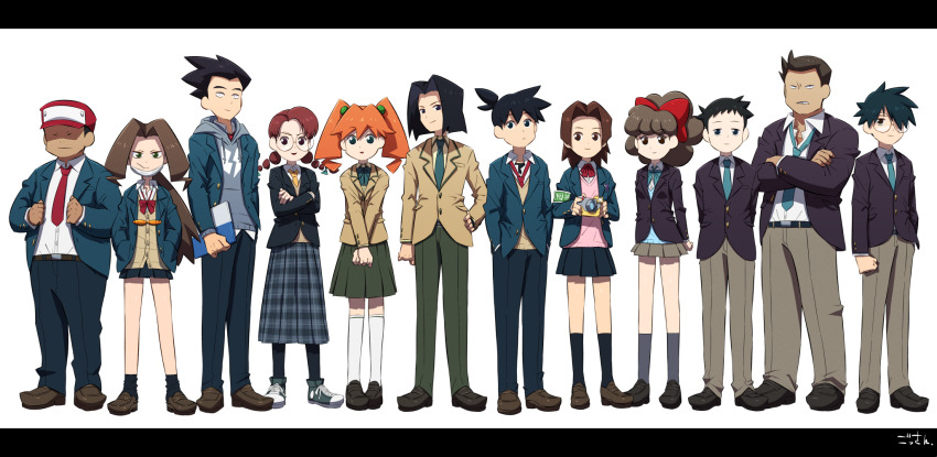 aged_up amazake_arika bow braid crossed_arms face_mask ginkai gossan highres iwanoi junmai_karin kagamiyama kamizake_kokuryuu karakuchi_kouji kikuhime lineup mask medarot medarot_damashii necktie oozora_yuuzuru red_bow school_uniform skirt tenryou_ikki twin_braids wakaba_(medarot)