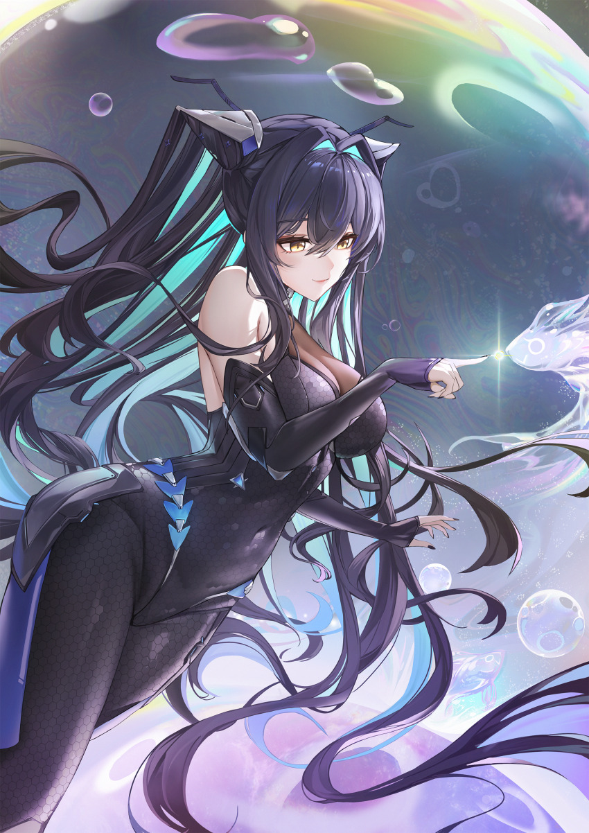1girl absurdres accessories aqua_hair backless_bodysuit bare_shoulders black_bodysuit black_hair black_nails bodysuit breasts bubble cleavage colored_inner_hair commentary dutch_angle elbow_gloves eru_(eru_illust) fingerless_gloves folded_hair gloves goddess_of_victory:_nikke hair_between_eyes hair_intakes highres honeycomb_(pattern) honeycomb_print little_mermaid_(nikke) long_hair multicolored_hair pink_lips see-through_cleavage see-through_clothes solo twintails very_long_hair yellow_eyes