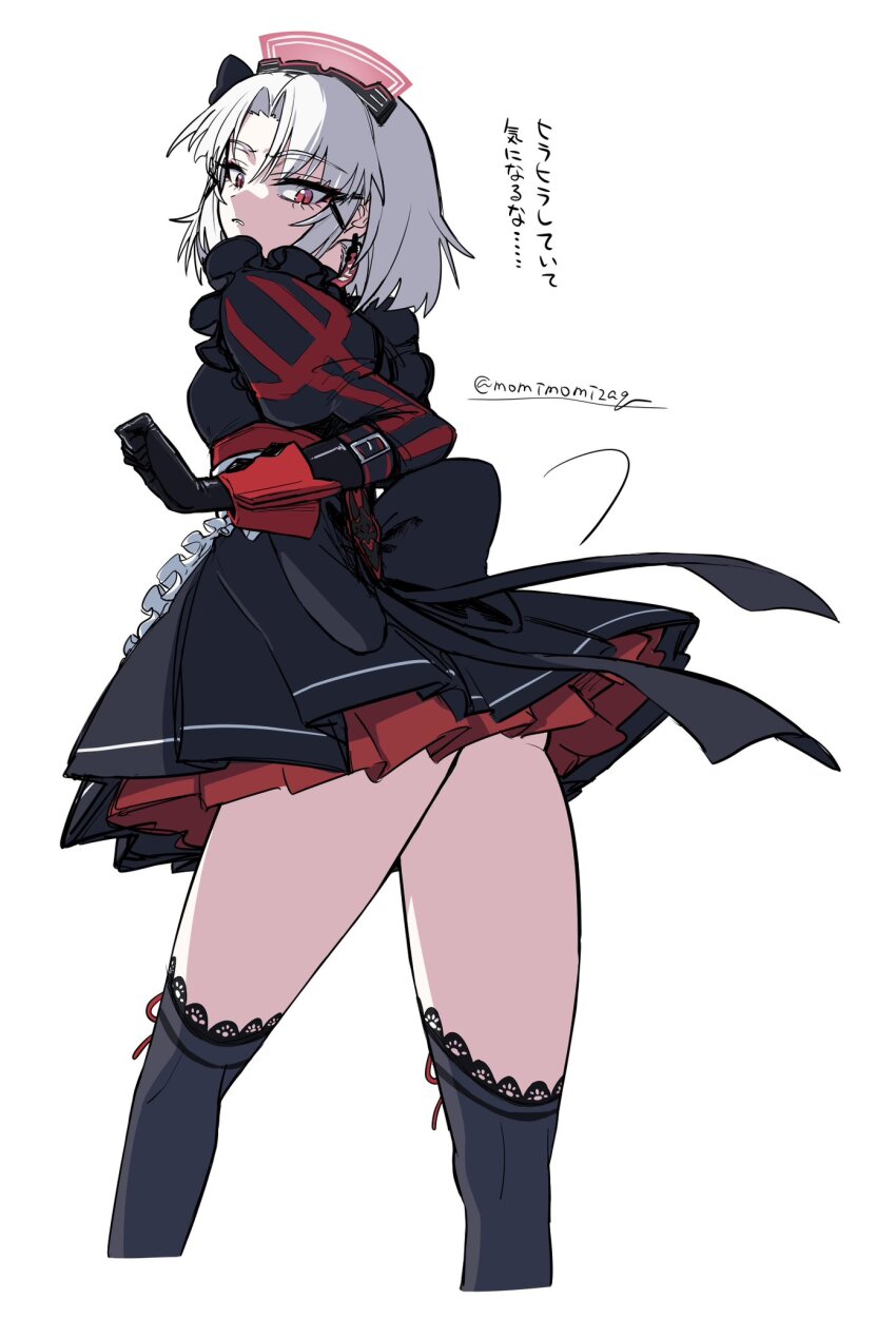 1girl alternate_costume ass black_dress black_gloves black_thighhighs drake_(maid_for_villain)_(nikke) drake_(nikke) dress earrings enmaided frilled_dress frills from_behind gloves goddess_of_victory:_nikke highres jewelry looking_back maid maid_headdress nikumanman official_alternate_costume red_eyes short_hair solo thighhighs twitter_username white_hair