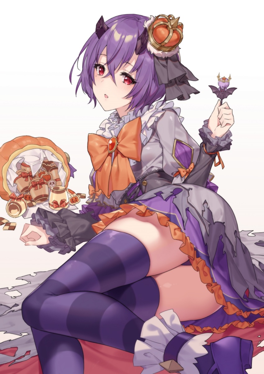 1girl :o arm_support ass bow broken_horn crossed_bangs crown dress food frills grey_dress hair_between_eyes hair_ornament highres holding horns long_sleeves lying mole mole_under_eye multicolored_dress on_side open_mouth orange_bow orange_neckwear panties panty_peek panye princess_connect! pumpkin purple_dress purple_footwear purple_hair purple_panties purple_thighhighs red_eyes shinobu_(halloween)_(princess_connect!) shinobu_(princess_connect!) short_hair simple_background solo striped_clothes striped_thighhighs thighhighs thighs torn_clothes underwear white_background zettai_ryouiki