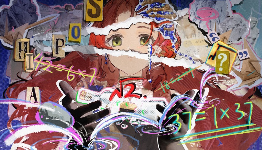 1girl ? absurdres bottle broken_bottle closed_mouth collage collage_background crumpled_paper dual_persona equation green_eyes hair_ornament halftone hands_up highres holding holding_bottle long_hair looking_at_viewer mangxia_xiang_chi_mangguo math message_in_a_bottle origami paper_crane pencil pop_art red_hair reverse:1999 ripples solo sophia_(manus_vindictae)_(reverse:1999) sophia_(reverse:1999) split_theme squiggle statue stone_skipping torn_paper upper_body