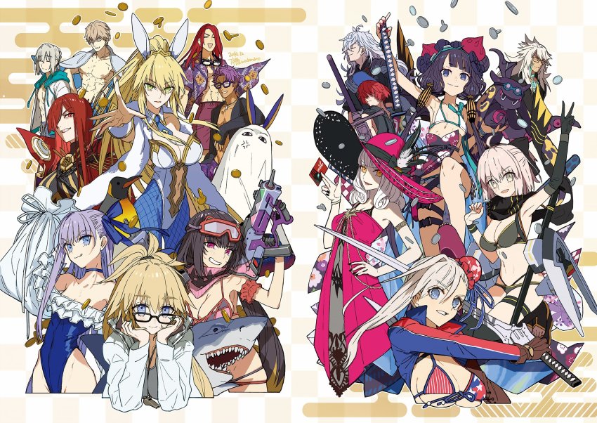 artoria_pendragon_(fate) artoria_pendragon_(swimsuit_ruler)_(fate) artoria_pendragon_(swimsuit_ruler)_(first_ascension)_(fate) assault_rifle bedivere_(fate) bedivere_(servant_summer_festival!_2018_swimsuit)_(fate) bikini bird black_hair blonde_hair breasts card carmilla_(fate) carmilla_(swimsuit_rider)_(fate) carmilla_(swimsuit_rider)_(first_ascension)_(fate) checkered_background cleavage coin dark-skinned_female dark_skin fate/grand_order fate_(series) fishnets flat_chest frilled_one-piece_swimsuit frills fuuma_kotarou_(fate) fuuma_kotarou_(shinobi_attire_for_summer_enjoyment)_(fate) gawain_(fate) gawain_(scion_of_summer)_(fate) glasses goggles goggles_on_head gold_coin gun hat hat_feather highres jeanne_d&#039;arc_(swimsuit_archer)_(fate) jeanne_d&#039;arc_(swimsuit_archer)_(second_ascension)_(fate) katsushika_hokusai_(fate) katsushika_hokusai_(swimsuit_saber)_(fate) knights_of_the_round_table_(fate) lancelot_(fate/grand_order) lancelot_(strongest_knight_of_summer)_(fate) large_breasts leotard long_sleeves meltryllis meltryllis_(fate) meltryllis_(swimsuit_lancer)_(fate) meltryllis_(swimsuit_lancer)_(second_ascension)_(fate) merlin_(fate) merlin_(overnight_dream)_(fate) midriff miyamoto_musashi_(fate) miyamoto_musashi_(fate/grand_order) miyamoto_musashi_(swimsuit_berserker)_(fate) miyamoto_musashi_(swimsuit_berserker)_(second_ascension)_(fate) multiple_boys multiple_girls navel nitocris_(fate) nitocris_(fate/grand_order) nitocris_(swimsuit_assassin)_(fate) oda_nobunaga_(fate) oda_nobunaga_(maou_avenger)_(fate) okita_j._souji_(fate) okita_j._souji_(first_ascension)_(fate) one-piece_swimsuit osakabehime_(fate) osakabehime_(swimsuit_archer)_(fate) osakabehime_(swimsuit_archer)_(second_ascension)_(fate) penguin playboy_bunny rifle shark siegfried_(fate) siegfried_(super_cool_biz)_(fate) silver_coin sun_hat swimsuit tokitarou_(fate) tristan_(chicken_of_luluhawa)_(fate) tristan_(fate) wada_arco weapon white_hair