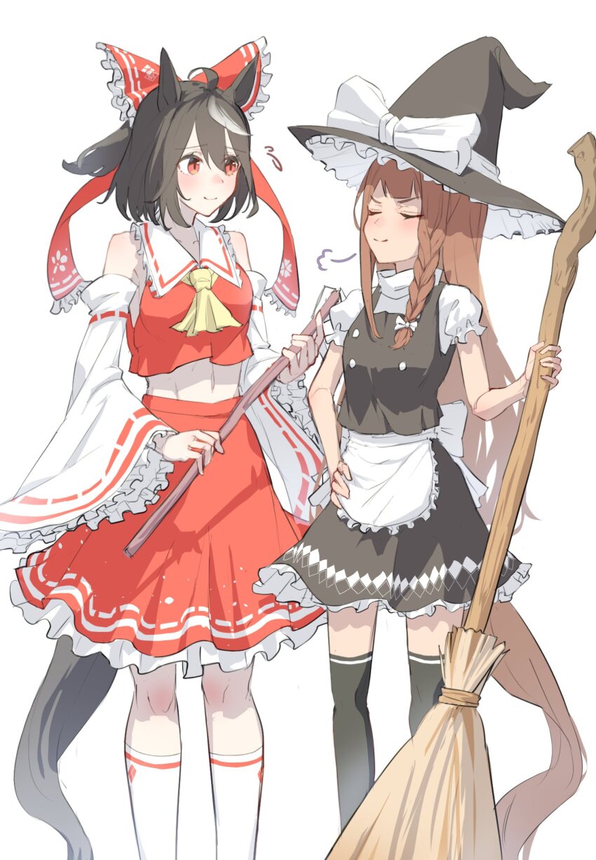 2girls abs ahoge animal_ears apron ascot black_hat black_skirt black_vest blonde_hair bow braid broom brown_hair closed_eyes closed_mouth commentary_request commission cosplay detached_sleeves frilled_skirt frills hair_bow hair_ribbon hakurei_reimu hakurei_reimu_(cosplay) half_updo hand_on_own_hip hat hat_bow highres holding holding_broom horse_ears horse_girl horse_tail kirisame_marisa kirisame_marisa_(cosplay) kitasan_black_(umamusume) long_sleeves looking_at_another multicolored_hair multiple_girls puff_of_air puffy_short_sleeves puffy_sleeves red_bow red_eyes red_ribbon red_shirt red_skirt ribbon sailor_collar sasa_fune shirt short_hair short_sleeves side_braid sidelocks simple_background single_braid skeb_commission skirt sleeveless sleeveless_shirt smile streaked_hair sweep_tosho_(umamusume) tail touhou umamusume vest waist_apron white_apron white_background white_bow white_hair white_sailor_collar white_shirt witch_hat yellow_ascot