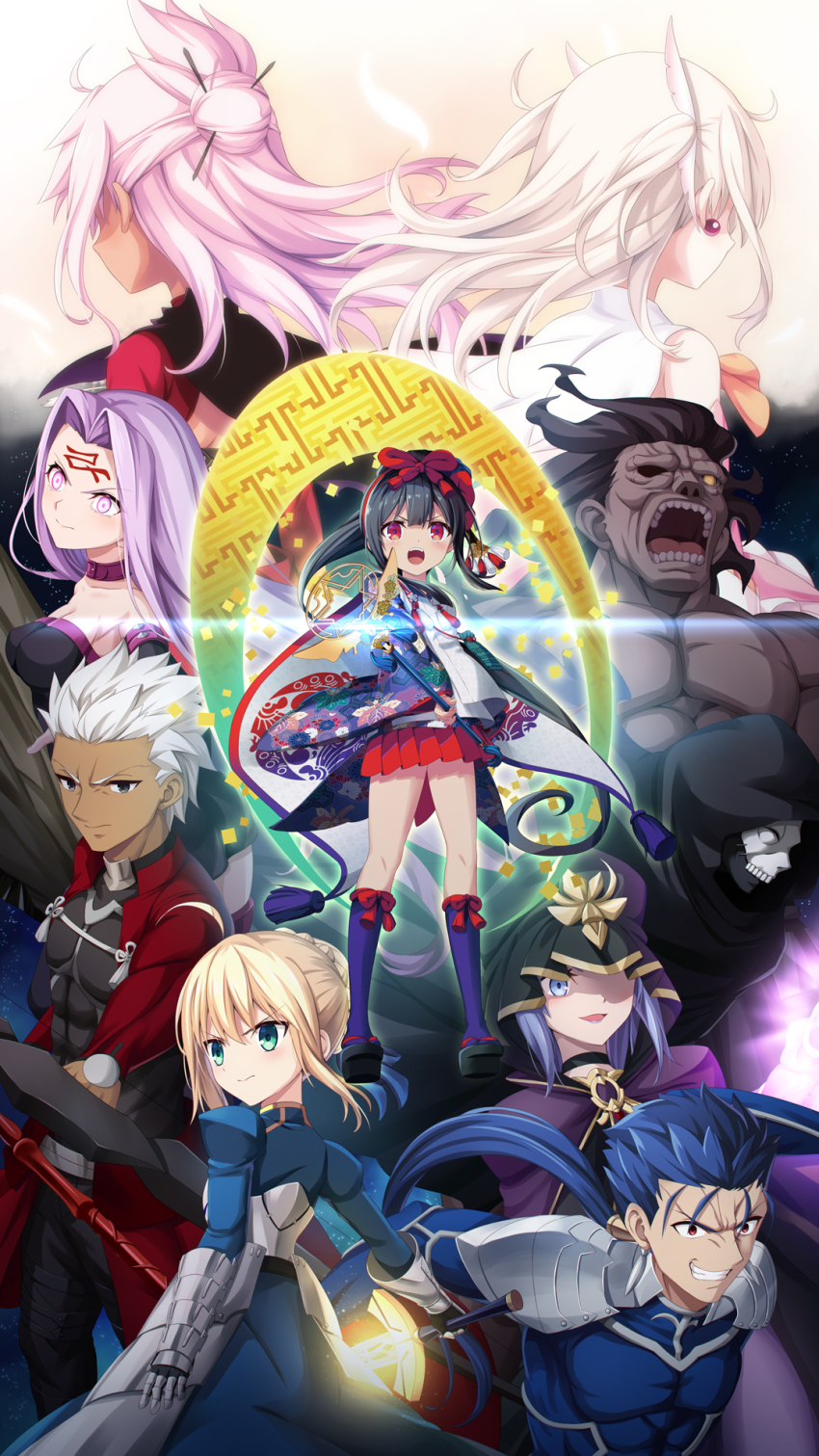 4boys 6+girls ahoge archer_(fate) armor armored_dress artoria_pendragon_(fate) black_cloak black_eyes black_hair blonde_hair blue_eyes blue_hair bow_(weapon) braid bun_with_braided_base chloe_von_einzbern chloe_von_einzbern_(archer_install) cloak commentary_request cu_chulainn_(fate) cu_chulainn_(fate/stay_night) dark-skinned_female dark-skinned_male dark_skin dress earrings excalibur_(fate/stay_night) facial_mark fate/grand_order fate/kaleid_liner_prisma_illya fate_(series) faulds feather_hair_ornament feathers forehead_mark frown gauntlets glowing glowing_eye glowing_eyes green_eyes grin hair_bun hair_intakes hair_ornament hair_stick hassan_of_the_cursed_arm_(fate) heracles_(fate) highres holding holding_bow_(weapon) holding_sword holding_weapon hood hood_up illyasviel_von_einzbern japanese_clothes jewelry long_hair magical_girl magical_sapphire mask medea_(caster)_(fate) medea_(fate) medusa_(fate) medusa_(rider)_(fate) miniskirt miyu_edelfelt miyu_edelfelt_(third_ascension) morokoshi_(tekku) multiple_boys multiple_girls muscular muscular_male official_alternate_costume pink_hair pleated_skirt ponytail purple_eyes purple_hair red_eyes saber_(fate) single_hair_bun skirt skull_mask smile sword two_side_up wand weapon white_hair wide_sleeves yellow_eyes