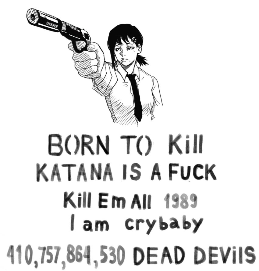 1girl aiming born_to_die_world_is_a_fuck_(meme) buttoned_cuffs buttons chainsaw_man collared_shirt english_text gun hair_ornament hairclip handgun hatching_(texture) higashiyama_kobeni highres holding holding_gun holding_weapon medium_hair meme mole mole_on_cheek mole_under_eye mole_under_mouth monochrome multiple_moles necktie ponytail profanity shirt short_ponytail side_ponytail sigma_(1igmab0) simple_background single_sidelock solo suppressor weapon weapon_request white_background white_shirt