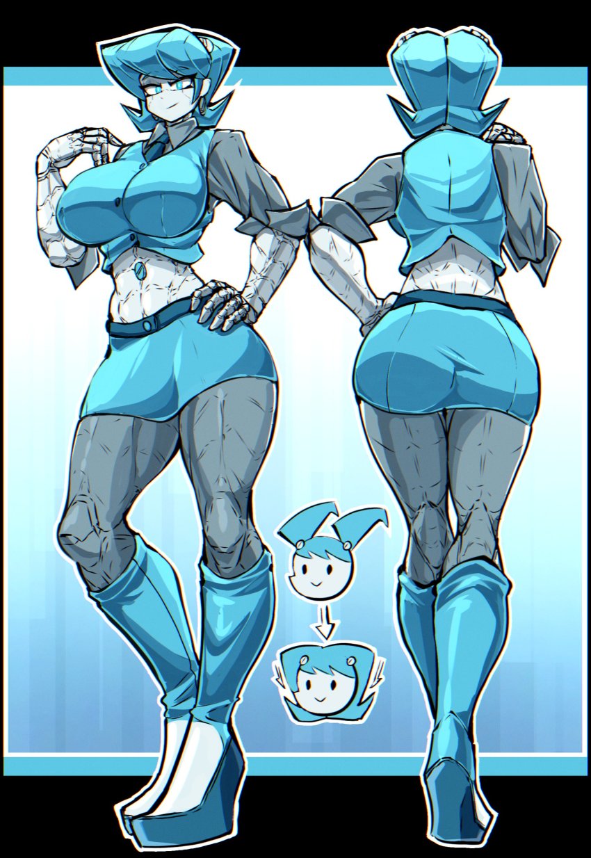 1girl absurdres aged_up android ass blue_eyes blue_hair blue_necktie blue_skirt breasts closed_mouth colored_skin commentary crop_top english_commentary full_body hado_(zzzhadozzz) hand_on_own_hip highres jenny_wakeman large_breasts looking_at_viewer midriff miniskirt multiple_views my_life_as_a_teenage_robot navel necktie robot robot_girl short_hair short_sleeves skirt smile wedge_heels white_skin