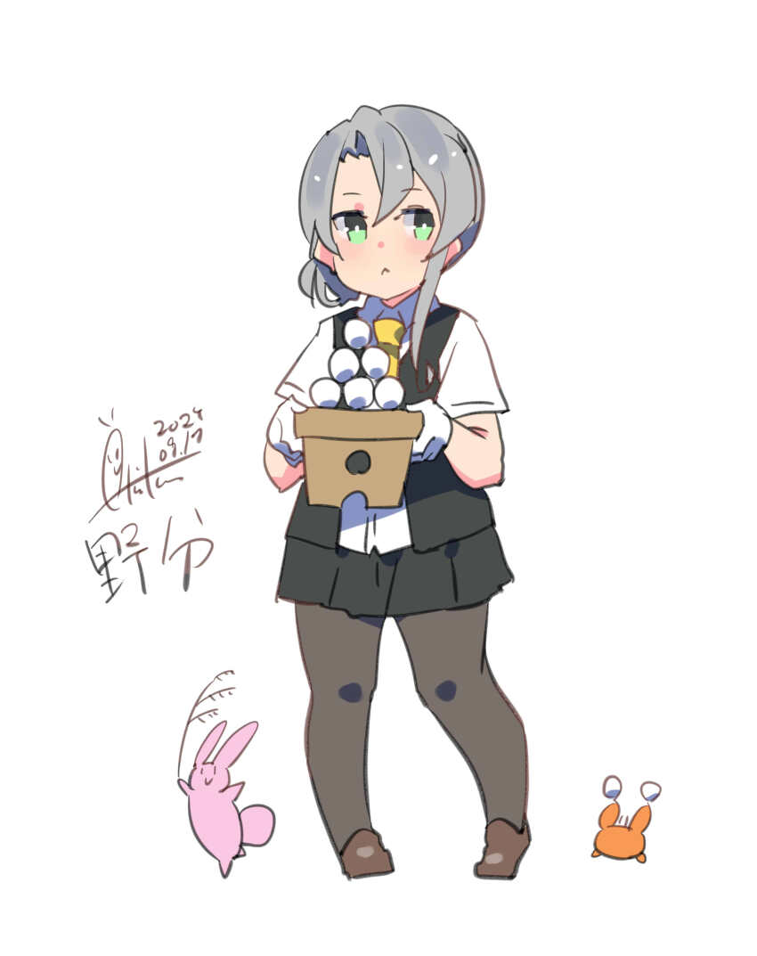1girl absurdres asymmetrical_hair black_footwear black_pantyhose black_vest blush brown_footwear character_name closed_mouth crab dango dated dress_shirt flipped_hair food gloves green_eyes grey_hair highres holding holding_food inica kantai_collection long_hair necktie nowaki_(kancolle) one-hour_drawing_challenge open_clothes open_vest pantyhose pleated_skirt rabbit sanbou shirt signature skirt susuki_grass swept_bangs tsukimi tsukimi_dango vest wagashi white_background white_gloves white_shirt yellow_necktie